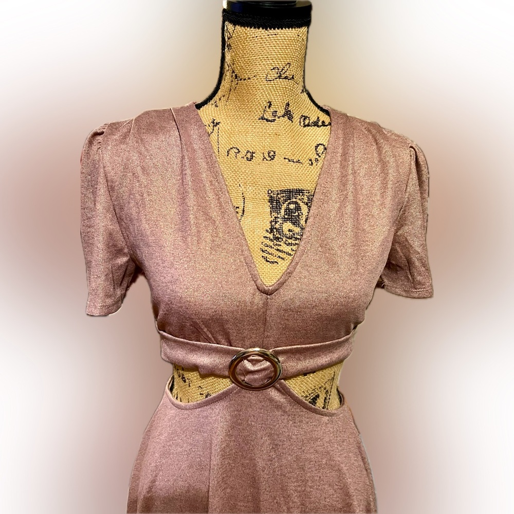 NWT Luna Chix Pink Shimmer Keyhole Dress Belted Midi Glitter Metallic Festival